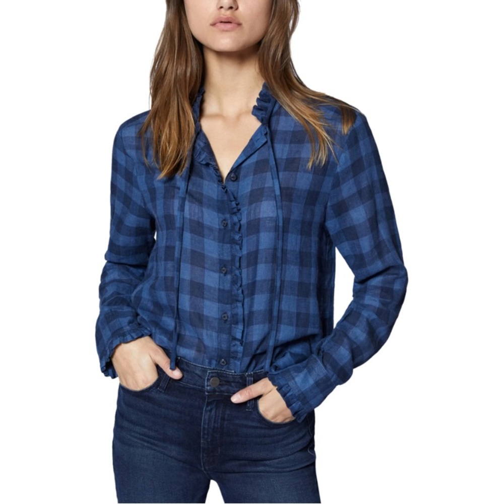 Sanctuary Ruffle Linen Blend Blue Buffalo Plaid Button Down Shirt Tie XSmall xs